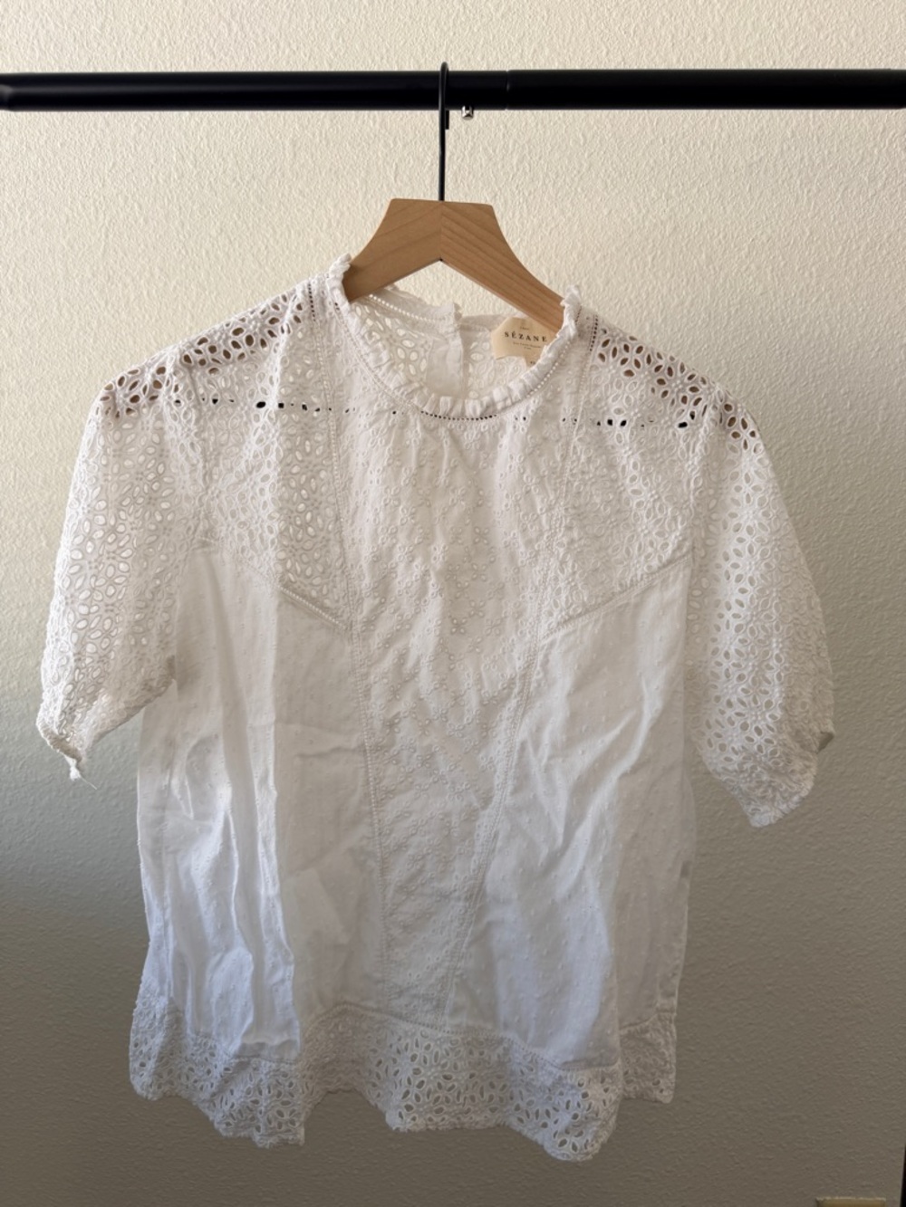 Sézane Cotton White Eyelet Crochet Short Sleeve Blouse size 42 L XL